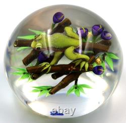 AWESOME Ken ROSENFELD NOS Green Pink Belly FROG on BAMBOO Art Glass PAPERWEIGHT