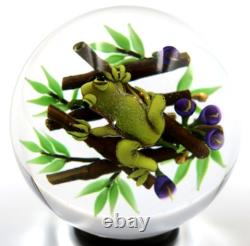 AWESOME Ken ROSENFELD NOS Green Pink Belly FROG on BAMBOO Art Glass PAPERWEIGHT
