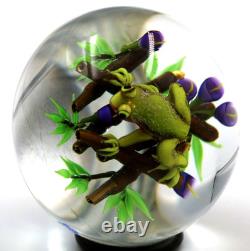 AWESOME Ken ROSENFELD NOS Green Pink Belly FROG on BAMBOO Art Glass PAPERWEIGHT