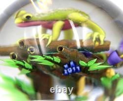 AWESOME Ken ROSENFELD NOS Green Pink Belly FROG on BAMBOO Art Glass PAPERWEIGHT