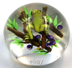 AWESOME Ken ROSENFELD NOS Green Pink Belly FROG on BAMBOO Art Glass PAPERWEIGHT