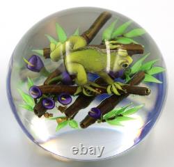 AWESOME Ken ROSENFELD NOS Green Pink Belly FROG on BAMBOO Art Glass PAPERWEIGHT