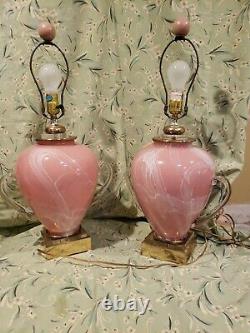 A Pair Vintage 3-way Fancy Pink White Art Glass Applied Handels Table Lamps Rare