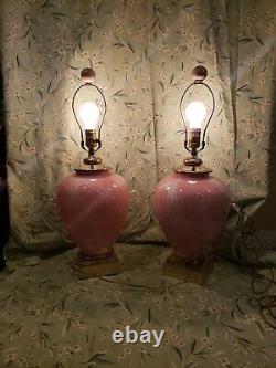 A Pair Vintage 3-way Fancy Pink White Art Glass Applied Handels Table Lamps Rare