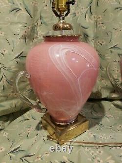 A Pair Vintage 3-way Fancy Pink White Art Glass Applied Handels Table Lamps Rare