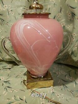 A Pair Vintage 3-way Fancy Pink White Art Glass Applied Handels Table Lamps Rare