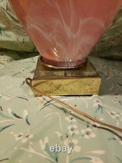 A Pair Vintage 3-way Fancy Pink White Art Glass Applied Handels Table Lamps Rare