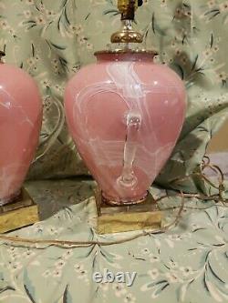 A Pair Vintage 3-way Fancy Pink White Art Glass Applied Handels Table Lamps Rare