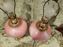 A Pair Vintage 3-way Fancy Pink White Art Glass Applied Handels Table Lamps Rare