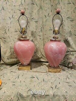 A Pair Vintage 3-way Fancy Pink White Art Glass Applied Handels Table Lamps Rare