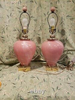 A Pair Vintage 3-way Fancy Pink White Art Glass Applied Handels Table Lamps Rare