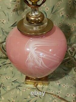 A Pair Vintage 3-way Fancy Pink White Art Glass Applied Handels Table Lamps Rare