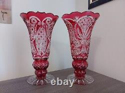 Ajka Crystal beautiful Rraspberry /pink PEDESTAL CHALICE VASE PAIR 2750 gramms