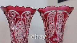 Ajka Crystal beautiful Rraspberry /pink PEDESTAL CHALICE VASE PAIR 2750 gramms