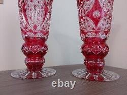 Ajka Crystal beautiful Rraspberry /pink PEDESTAL CHALICE VASE PAIR 2750 gramms