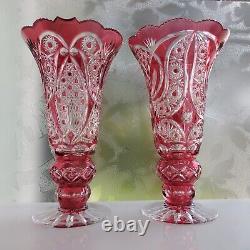 Ajka Crystal beautiful Rraspberry /pink PEDESTAL CHALICE VASE PAIR 2750 gramms