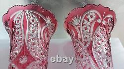 Ajka Crystal beautiful Rraspberry /pink PEDESTAL CHALICE VASE PAIR 2750 gramms