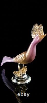 Alfredo Barbini Extrasize Murano Glass Pink Opaline Bird With Gold Leaves