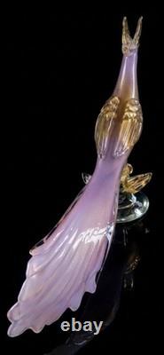 Alfredo Barbini Extrasize Murano Glass Pink Opaline Bird With Gold Leaves
