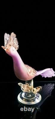 Alfredo Barbini Extrasize Murano Glass Pink Opaline Bird With Gold Leaves