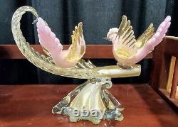 Alfredo Barbini Murano Pink Gold Fleck Italian Art Glass Birds On Leaf Sculpture