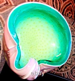 Alfredo Barbini Pulegoso Murano Art Glass, RARE Pink Green, Spec Bubbles 50's Bowl