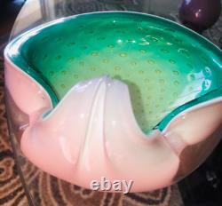 Alfredo Barbini Pulegoso Murano Art Glass, RARE Pink Green, Spec Bubbles 50's Bowl