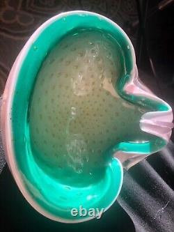 Alfredo Barbini Pulegoso Murano Art Glass, RARE Pink Green, Spec Bubbles 50's Bowl