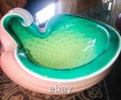 Alfredo Barbini Pulegoso Murano Art Glass, RARE Pink Green, Spec Bubbles 50's Bowl
