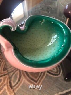 Alfredo Barbini Pulegoso Murano Art Glass, RARE Pink Green, Spec Bubbles 50's Bowl