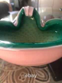 Alfredo Barbini Pulegoso Murano Art Glass, RARE Pink Green, Spec Bubbles 50's Bowl