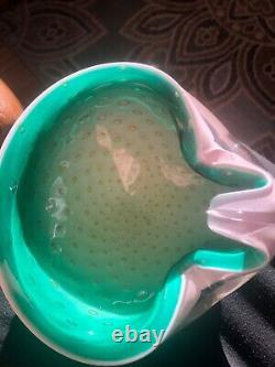 Alfredo Barbini Pulegoso Murano Art Glass, RARE Pink Green, Spec Bubbles 50's Bowl