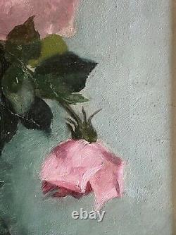 Antique 1900 Framed Signed Oil Painting of Pink Roses Glass Bowl M. H. Tuttle