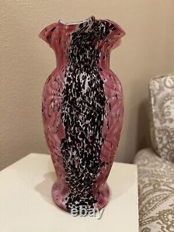 Antique 1903 Czechoslovakia Art Glass Pink Maroon White Rose Spatter Ruffle Vase