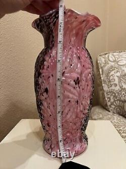 Antique 1903 Czechoslovakia Art Glass Pink Maroon White Rose Spatter Ruffle Vase