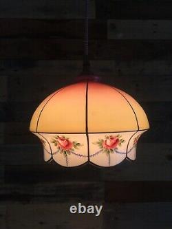 Antique 1920s Pink Yellow Rose Glass Ceiling Light Lamp Shade Edwardian Art Deco