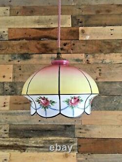 Antique 1920s Pink Yellow Rose Glass Ceiling Light Lamp Shade Edwardian Art Deco