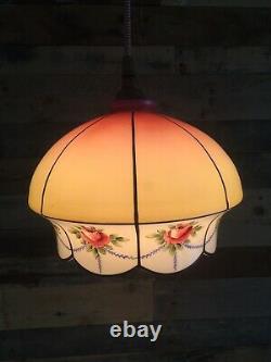 Antique 1920s Pink Yellow Rose Glass Ceiling Light Lamp Shade Edwardian Art Deco