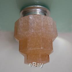 Antique 1930 Art Deco Cloud Glass Pink Skyscraper Globe Hanging Ceiling Light