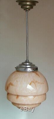 Antique 1930 Art Deco Pink Slag Glass Sphere Globe Hanging Ceiling Light Fixture