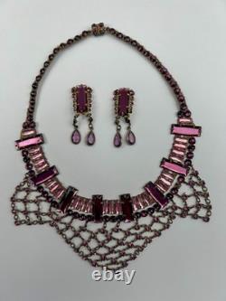 Antique 1930s Art Deco Pink Vauxhall Glass Bib Necklace And Clip on Earrings