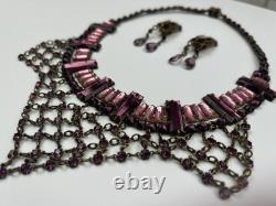 Antique 1930s Art Deco Pink Vauxhall Glass Bib Necklace And Clip on Earrings