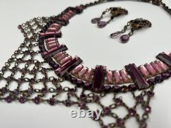 Antique 1930s Art Deco Pink Vauxhall Glass Bib Necklace And Clip on Earrings