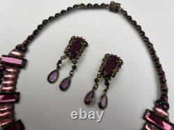 Antique 1930s Art Deco Pink Vauxhall Glass Bib Necklace And Clip on Earrings