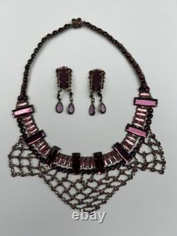 Antique 1930s Art Deco Pink Vauxhall Glass Bib Necklace And Clip on Earrings