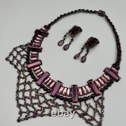 Antique 1930s Art Deco Pink Vauxhall Glass Bib Necklace And Clip on Earrings