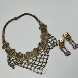 Antique 1930s Art Deco Pink Vauxhall Glass Bib Necklace And Clip on Earrings