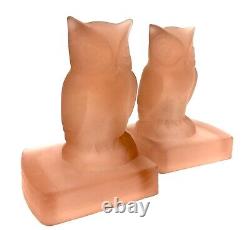 Antique 1930s Bagley Art Deco Frosted Pink Glass Owl Bookends / Book Ends