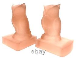 Antique 1930s Bagley Art Deco Frosted Pink Glass Owl Bookends / Book Ends