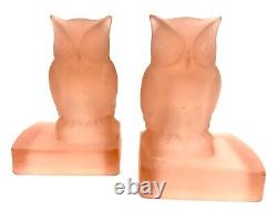 Antique 1930s Bagley Art Deco Frosted Pink Glass Owl Bookends / Book Ends